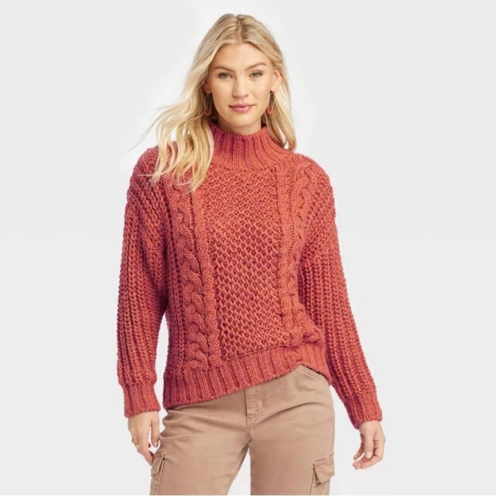 NWT Universal Thread Rust Chunky Cable Knit Mock Turtleneck Pullover Sweater M